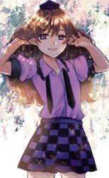 Rule 34 | 1girl, alternate hairstyle, ark tr, backlighting, brown hair, checkered clothes, checkered skirt, collarbone, commentary request, cowboy shot, eyebrows hidden by hair, flat chest, frilled shirt collar, frills, hair between eyes, hair down, hands in hair, hands up, hat, highres, himekaidou hatate, light smile, long hair, looking at viewer, necktie, parted lips, pointy ears, puffy short sleeves, puffy sleeves, purple eyes, purple hat, purple shirt, purple skirt, shirt, short sleeves, simple background, skirt, solo, standing, tareme, tokin hat, touhou, undone necktie, undone neckwear, upper body, very long hair, wing collar
