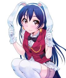 Rule 34 | 1girl, animal ears, ayumu-k, blue hair, blush, commentary request, earrings, gloves, hair between eyes, jewelry, korekara no someday, long hair, looking at viewer, love live!, love live! school idol project, rabbit ears, simple background, smile, solo, sonoda umi, thighhighs, white background, white gloves, white thighhighs, yellow eyes