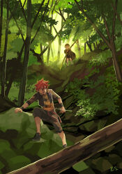 Rule 34 | 2boys, aizen kunitoshi, bandaid, bandaid on face, bandaid on nose, black footwear, blue eyes, brown shirt, brown shorts, bush, chinese commentary, commentary request, dated commentary, day, forest, full body, grass, holding, holding sword, holding weapon, hotarumaru, katana, looking to the side, male focus, multiple boys, nature, open mouth, outdoors, red hair, rock, shirt, shoes, short hair, shorts, signature, smile, sword, touken ranbu, tree, weapon, zi tsas