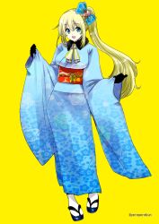 Rule 34 | 10s, 1girl, :d, alternate hairstyle, atago (kancolle), black gloves, blonde hair, blue eyes, bow, gloves, hair bow, japanese clothes, kantai collection, kimono, long hair, open mouth, perepere-kun, sandals, side ponytail, simple background, smile, solo, tabi, very long hair, yellow background
