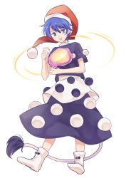 Rule 34 | 1girl, :3, :p, black capelet, black dress, blue eyes, blue hair, blush, boots, capelet, chinese commentary, closed mouth, commentary, commentary request, doremy sweet, dream soul, dress, full body, hat, highres, holding, idaku, looking to the side, nightcap, pom pom (clothes), red hat, santa hat, short hair, simple background, smile, solo, tail, tapir tail, tongue, tongue out, touhou, two-tone dress, white background, white dress, white footwear