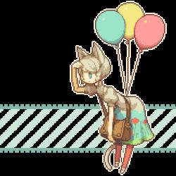 Rule 34 | 1girl, animal ears, bag, balloon, braid, cat ears, cat tail, dress, floating, grey hair, hand on forehead, handbag, looking afar, lowres, messenger bag, original, over shoulder, pixel art, puffy sleeves, red legwear, shading eyes, short hair, shoulder bag, simple background, solo, striped, striped background, tail, transparent background, uruchimai, white background