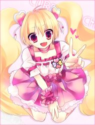 Rule 34 | 00s, 1girl, :d, bad id, bad pixiv id, blonde hair, bow, character name, choker, cure peach, fresh precure!, hair ornament, heart, heart hair ornament, long hair, magical girl, momozono love, no eyes, open mouth, pink bow, pink eyes, precure, puffy sleeves, skirt, smile, solo, twintails, v, white background, wrist cuffs, yamako (ichi6513)