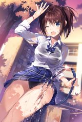Rule 34 | 1girl, akabei soft 2, black one-piece swimsuit, blue eyes, blue skirt, blurry, brown hair, building, competition swimsuit, cowboy shot, depth of field, fang, hose, looking at viewer, natsume ruka, official art, one-piece swimsuit, open mouth, oryo (oryo04), oryo classmate collection, outdoors, plaid, plaid skirt, pleated skirt, ponytail, school uniform, see-through, short hair, skirt, smile, solo, sunset, swimsuit, swimsuit under clothes, tree, water