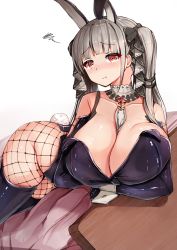 Rule 34 | 1girl, :/, arm support, artist request, azur lane, blunt bangs, blush, bow, breasts, cleavage, fishnets, formidable (azur lane), frown, hair bow, huge breasts, jewelry, leotard, long hair, looking at viewer, lying, on side, orange eyes, pendant, plump, rabbit ears, rabbit tail, thick thighs, thighs, twintails, very long hair
