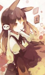 Rule 34 | 1girl, animal ears, bad id, bad pixiv id, brown eyes, brown hair, rabbit, female focus, food, highres, long hair, mouth hold, nekotewi, original, panda, pocky, solo, twintails, white background