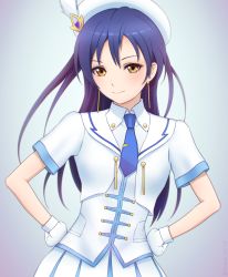 Rule 34 | 10s, 1girl, blue hair, earrings, gloves, hand on own hip, hat, highres, jewelry, long hair, looking at viewer, love live!, love live! school idol project, miura-n315, necktie, simple background, smile, solo, sonoda umi, white gloves, wonderful rush, yellow eyes