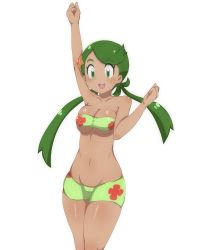 Rule 34 | 10s, 1girl, alternate breast size, arm up, bandeau, breasts, cameltoe, cleavage, collarbone, cowboy shot, creatures (company), female focus, game freak, green shorts, hair ornament, highres, large breasts, long hair, long twintails, looking at viewer, mallow (pokemon), midriff, navel, nintendo, open mouth, pokemon, pokemon (anime), pokemon sm, pokemon sm (anime), robert m, shorts, simple background, smile, solo, standing, swept bangs, swimsuit, twintails, very long hair, white background