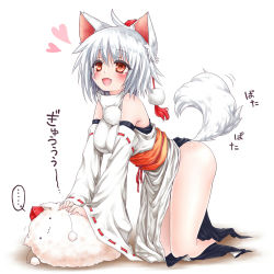 Rule 34 | 1girl, ahoge, animal ears, anzu ame, bare legs, blush, detached sleeves, fang, female focus, hat, heart, inubashiri momiji, mofuji, open mouth, red eyes, solo, tail, tail wagging, tokin hat, touhou, translated, wolf ears, wolf tail