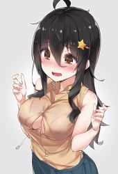 Rule 34 | 1girl, absurdres, ahoge, bian yuan mei, black hair, blue skirt, blush, bra, bra peek, breasts, brown eyes, brown shirt, bursting breasts, button gap, buttons, dress shirt, flying button, grey background, hair between eyes, hair ornament, highres, large breasts, long hair, looking down, nail polish, nose blush, open clothes, open mouth, open shirt, original, pink nails, pleated skirt, popped button, see-through, shirt, simple background, skirt, sleeveless, sleeveless shirt, solo, star (symbol), star hair ornament, sweat, underwear, wardrobe malfunction, wavy mouth, wet.elephant, white bra
