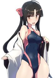 Rule 34 | 1girl, ahoge, alternate costume, alternate hairstyle, black hair, blush, bow, breasts, brown eyes, comala (komma la), competition swimsuit, hair bow, highres, kantai collection, long hair, low-tied long hair, medium breasts, navel, one-piece swimsuit, open mouth, ponytail, shouhou (kancolle), simple background, solo, swimsuit, thighs, white background