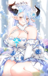 Rule 34 | 1girl, blue hair, breasts, brown eyes, cleavage, detached sleeves, draph, dress, flower, granblue fantasy, hair flower, hair ornament, hat, highres, horns, izmir, kyousa38, large breasts, long hair, mole, mole under mouth, pointy ears, smile, snowflake hair ornament, twitter username, white dress