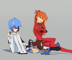 Rule 34 | 1boy, 2girls, :&lt;, anger vein, angry, ass, ayanami rei, blue hair, bodysuit, breasts, brown hair, chimeraenvy, crossed arms, disgust, expressionless, femdom, fire, foot out of frame, highres, ikari shinji, interface headset, long hair, looking at another, lying, medium breasts, multiple girls, neon genesis evangelion, plugsuit, red bodysuit, red eyes, short hair, simple background, sitting, sitting on person, souryuu asuka langley, squatting, tsundere, two side up, white bodysuit
