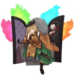 Rule 34 | 1girl, black footwear, black hat, blonde hair, boots, chair, closed mouth, commentary request, constellation print, drum, green skirt, hat, highres, instrument, kalmeyaki, korean commentary, long hair, matara okina, orange sleeves, pleated skirt, sitting, skirt, smile, solo, tabard, touhou, transparent background, tsuzumi, wide sleeves, yellow eyes