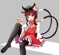 Rule 34 | 1girl, animal ears, bad id, bad pixiv id, black pantyhose, bow, brown eyes, brown hair, cat ears, cat tail, chen, dress, ear piercing, earrings, fang, hat, highres, jewelry, leg up, long sleeves, mob cap, multiple tails, nanahi toshi, nekomata, open mouth, pantyhose, paw pose, piercing, red dress, revision, shirt, single earring, sitting, smile, solo, tail, touhou