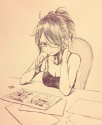 Rule 34 | 1girl, bare shoulders, breasts, chair, cleavage, commentary, eraser, glasses, hair up, kotoyama, medium breasts, messy hair, monochrome, original, pen, sweatdrop, table