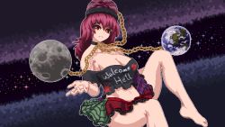 Rule 34 | 1girl, bare legs, barefoot, black shirt, breasts, chain, choker, cleavage, earth (ornament), gold chain, hecatia lapislazuli, highres, large breasts, miniskirt, moon (ornament), multicolored clothes, multicolored skirt, navel, nukekip, off-shoulder shirt, off shoulder, pixel art, plaid, plaid skirt, red eyes, red hair, shirt, skirt, sky, solo, space, star (sky), starry sky, t-shirt, thighs, toenails, touhou