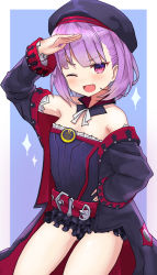 Rule 34 | 1girl, absurdres, arm up, belt, blush, breasts, cleavage, fang, fate/grand order, fate (series), helena blavatsky (fate), helena blavatsky (third ascension) (fate), highres, looking at viewer, medium breasts, nanase noa, one eye closed, open mouth, purple eyes, purple hair, short hair, smile, solo
