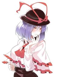 Rule 34 | 1girl, ascot, asutora, black hat, black skirt, blush, breasts, capelet, commentary request, cowboy shot, frilled capelet, frills, hair between eyes, half-closed eyes, hand up, hat, hat ribbon, large breasts, long sleeves, nagae iku, nose blush, parted lips, purple hair, red ascot, red eyes, red ribbon, ribbon, shirt, short hair, simple background, skirt, solo, touhou, white background, white capelet, white shirt, wing collar
