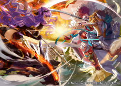 Rule 34 | 2girls, armor, ass, axe, black panties, boots, breasts, butt crack, camilla (fire emblem), cape, dragon, feathers, fighting, fire, fire emblem, fire emblem cipher, fire emblem fates, fur trim, gloves, glowing, glowing eyes, hair over one eye, headset, hinoka (fire emblem), holding, holding sword, holding weapon, japanese armor, lance, long hair, marzia (fire emblem if), mayo (becky2006), multiple girls, naginata, nintendo, official art, outdoors, panties, pegasus, pegasus knight uniform (fire emblem), pointing, polearm, purple hair, red eyes, red gloves, red hair, riding, sky, sword, text focus, thigh boots, thighhighs, underwear, weapon, wind, wyvern