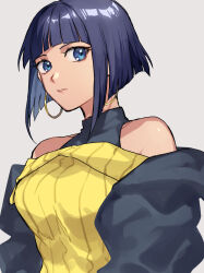 Rule 34 | 1girl, black hair, blue eyes, blunt bangs, earrings, grey background, highres, jewelry, latla mirah, looking at viewer, medium hair, parted lips, ribbed sweater, sketch, solo, soso (sosoming), straight hair, sweater, undead unluck, upper body, yellow sweater