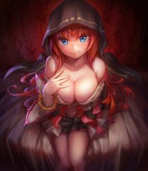 Rule 34 | 1girl, bad id, bad pixiv id, blue eyes, bracelet, breasts, carona (last period), cleavage, closed mouth, collarbone, commentary request, feet out of frame, hand on own chest, highres, hood, jewelry, large breasts, last period, long hair, looking at viewer, miniskirt, navel, red hair, sitting, skirt, solo, uji matcha