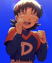 Rule 34 | 1boy, :d, baseball jersey, belt, blue background, brown hair, clenched hand, dirty, dirty face, highres, id kaeta, jersey, long sleeves, major, medium hair, open mouth, outdoors, sawamura ryota, shouting, smile, solo, sunlight, sweat
