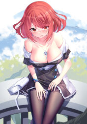Rule 34 | 1girl, :p, bag, bare shoulders, black dress, black pantyhose, blush, breasts, cleavage, closed mouth, cloud, commentary request, dress, handbag, highres, large breasts, looking at viewer, mountain, nose blush, off-shoulder dress, off shoulder, pantyhose, pyra (xenoblade), red eyes, red hair, ririko (zhuoyandesailaer), short sleeves, sitting, smile, solo, tongue, tongue out, xenoblade chronicles (series), xenoblade chronicles 2