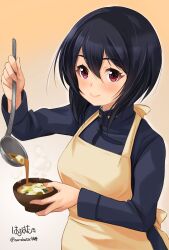 Rule 34 | 1girl, apron, artist name, blue hair, blue jacket, bowl, brave witches, closed mouth, commentary request, food, gradient background, haruhata mutsuki, holding, holding food, jacket, ladle, looking at viewer, military, military uniform, miso soup, pouring, purple eyes, shimohara sadako, short hair, signature, smile, solo, soup, standing, uniform, upper body, world witches series, yellow apron