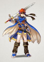 Rule 34 | 1boy, armor, blue armor, blue eyes, blue hair, cape, fire emblem, fire emblem: path of radiance, fire emblem: the binding blade, fire emblem: the blazing blade, full body, gloves, gzei, headband, ike (fire emblem), looking at viewer, male focus, nintendo, ragnell, red hair, roy (fire emblem), short hair, simple background, smile, solo, sword, weapon, white background
