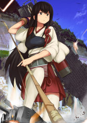 Rule 34 | 10s, 1girl, akagi (kancolle), bow (weapon), brown eyes, brown hair, japanese clothes, jet yowatari, kantai collection, long hair, muneate, personification, pleated skirt, skirt, solo, thighhighs, weapon, white thighhighs, zettai ryouiki
