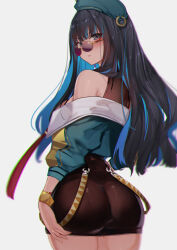 Rule 34 | 1girl, absurdres, ass, back, bare shoulders, beret, black hair, black shorts, blue hair, blush, bracelet, breasts, colored inner hair, eyeliner, fate/grand order, fate (series), green hat, green jacket, grey eyes, hat, highres, jacket, jewelry, long hair, long sleeves, looking at viewer, looking back, makeup, medium breasts, multicolored hair, off shoulder, round eyewear, shorts, sidelocks, solo, sunglasses, tenochtitlan (fate), tenochtitlan (second ascension) (fate), thighs, ura illust, wide hips