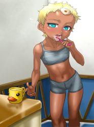 Rule 34 | 00s, aqua eyes, bike shorts, blonde hair, boro, bra, brushing teeth, chat (tales), cup, dark skin, duck cup, forehead, mug, namco, solo, sports bra, tales of (series), tales of eternia, toothbrush, underwear