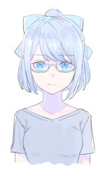 Rule 34 | 1girl, a-chan (hololive), absurdres, alternate breast size, blue bow, blue eyes, blue hair, bow, breasts, closed mouth, collarbone, cropped torso, enkyo yuuichirou, glasses, grey-framed eyewear, grey shirt, hair bow, high ponytail, highres, hololive, looking at viewer, ponytail, semi-rimless eyewear, shirt, short hair, short sleeves, simple background, sketch, small breasts, smile, solo, under-rim eyewear, upper body, virtual youtuber, white background