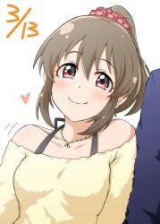 Rule 34 | 1girl, blush, breasts, brown hair, commentary request, dated, hair ornament, hair scrunchie, heart, high ponytail, highres, hori yuko, idolmaster, idolmaster cinderella girls, jewelry, looking at viewer, medium breasts, necklace, off-shoulder sweater, off shoulder, ponytail, red eyes, scrunchie, simple background, smile, solo focus, sweater, upper body, wasabi (wasalongt), white background
