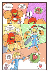 Rule 34 | !, !?, 1girl, age regression, aged down, armatic, armor, blush, child, comic, embarrassed, english text, heart, highres, metroid, metroid (creature), motion lines, nintendo, open mouth, panels, power armor, ridley, running, samus aran, speech bubble, spoken heart, standing, tearing up, teeth, thought bubble, tongue, upper teeth only, zero suit