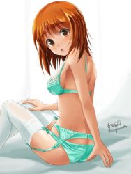 Rule 34 | 10s, 1girl, artist name, bad id, bad twitter id, bed, blush, bra, brown eyes, brown hair, from behind, garter belt, girls und panzer, green bra, green panties, hand on own thigh, haruhata mutsuki, lingerie, looking at viewer, looking back, nishizumi miho, open mouth, panties, short hair, signature, sitting, solo, thighhighs, twitter username, underwear, underwear only, white background, white thighhighs