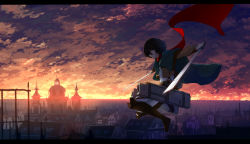 Rule 34 | 1girl, baisi shaonian, belt, black hair, boots, brown eyes, capelet, city, cityscape, cloud, dual wielding, expressionless, foreshortening, highres, holding, house, jacket, jumping, letterboxed, mikasa ackerman, scarf, scenery, shingeki no kyojin, silhouette, sky, sunset, sword, three-dimensional maneuver gear, wall, weapon