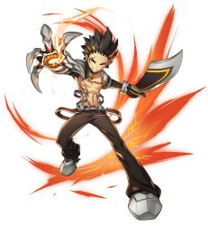Rule 34 | 1boy, absurdres, artist request, belt, black gloves, black hair, black neckwear, black pants, buckle, choker, clenched teeth, elsword, artistic error, full body, gloves, grin, highres, holding, holding sword, holding weapon, looking at viewer, male focus, mechanical arms, official art, orange eyes, pants, raven cronwell, shoes, single mechanical arm, smile, solo, spiked hair, standing, sword, taker (elsword), teeth, topless male, transparent background, weapon