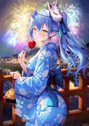 Rule 34 | 1girl, ahoge, blue hair, blue ribbon, blurry, blurry background, blush, breasts, bridge, candy apple, city lights, cityscape, commentary, depth of field, fireworks, fish, flower, food, fox mask, goldfish, hair flower, hair ornament, heart, heart ahoge, highres, hololive, japanese clothes, kimono, large breasts, looking at viewer, mask, night, night sky, pointy ears, ribbon, rin yuu, river, sky, solo, virtual youtuber, yellow eyes, yukata, yukihana lamy