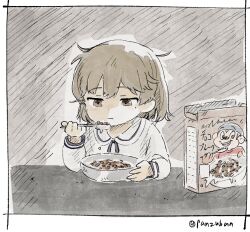 Rule 34 | 1girl, border, bowl, brown eyes, brown hair, cereal, cereal box, coco pops, coco the monkey, commentary, eating, food, hatoba tsugu, holding, long sleeves, mole, mole under eye, panzuban, shirt, short hair, simple background, solo, spoon, table, tsugu (vtuber), twitter username, upper body, virtual youtuber