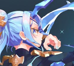 Rule 34 | 1girl, armor, blue eyes, blue hair, eyepatch, horns, long hair, looking at viewer, nintendo, pauldrons, polearm, short hair, shoulder armor, simple background, single horn, solo, sou (pale 1080), theory (xenoblade), weapon, xenoblade chronicles (series), xenoblade chronicles 2, xenoblade chronicles (series), xenoblade chronicles 2
