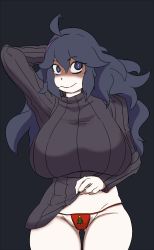 Rule 34 | 1girl, @ @, blue eyes, blue hair, breasts, clothes lift, creatures (company), game freak, hex maniac (pokemon), huge breasts, large breasts, nintendo, npc trainer, pokemon, pokemon xy, shirt lift, sweater, thong