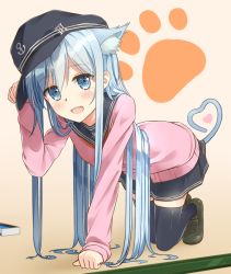 Rule 34 | 10s, 1girl, all fours, anchor symbol, animal ears, black thighhighs, blue eyes, cat ears, cat tail, clenched hands, flat cap, footprints, habu., hair between eyes, hat, heart, heart tail, hibiki (kancolle), kantai collection, kemonomimi mode, looking at viewer, miniskirt, open mouth, paw pose, pink background, pink sweater, pleated skirt, school uniform, serafuku, skirt, solo, sweater, tail, thighhighs