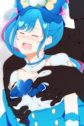 Rule 34 | 1boy, 1girl, blue hair, blush, bow, breasts, brooch, closed eyes, corset, cure spicy, delicious party precure, dress, fate no keshin, fuwa kokone, grabbing, grabbing another&#039;s breast, grabbing from behind, hair bow, heart, heart brooch, highres, huge bow, jewelry, long hair, magical girl, medium breasts, open mouth, precure, single hair ring, upper body, very long hair, white dress
