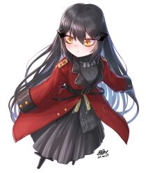 Rule 34 | 1girl, black dress, black hair, blush, commentary request, dandelion (girls&#039; frontline), dated, dress, expressionless, full body, girls&#039; frontline, griffin &amp; kryuger military uniform, hair between eyes, headgear, highres, jacket, kokukyukeo, korean commentary, long hair, long sleeves, looking away, red jacket, simple background, sleeves past wrists, solo, white background, yellow eyes