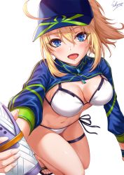 Rule 34 | 1girl, :d, ahoge, arm support, artist name, artoria pendragon (fate), baseball cap, bikini, blonde hair, blue eyes, blue hat, blush, breasts, commentary request, fate/grand order, fate (series), hair between eyes, hat, head tilt, highres, holding, kneeling, long sleeves, looking at viewer, medium breasts, mysterious heroine x (fate), mysterious heroine xx (fate), navel, open mouth, ponytail, sakiyamama, sandals, short hair, shrug (clothing), side-tie bikini bottom, sidelocks, signature, simple background, smile, solo, stomach, swimsuit, thigh strap, thighs, white background, white bikini, wristband