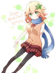 Rule 34 | 10s, 1girl, arm behind head, bafarin, black pantyhose, blonde hair, c:, flower, gabriel dropout, green eyes, hair flower, hair ornament, happy birthday, highres, long scarf, looking at viewer, no shoes, outstretched arm, pantyhose, scarf, school uniform, short hair, signature, smile, solo, sweater vest, tapris chisaki sugarbell, twitter username, v, vest