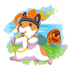 Rule 34 | 1girl, 2others, animalization, artist name, blue sky, fiery hair, hamster, hoplin, multiple others, on grass, ring (ring fit adventure), ring fit adventure, ring fit trainee (female), running, sky