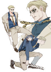 Rule 34 | 1boy, animal print, belt, blonde hair, blood, blood on chest, blood on clothes, blue shirt, bound, bound arms, chair, collarbone, collared shirt, cum, facial, formal, full body, goggles, grey suit, guttia, holding, holding weapon, injury, jujutsu kaisen, kneeling, leopard print, long sleeves, loose necktie, male focus, nanami kento, necktie, pants, shirt, shoes, short hair, sitting, solo, suit, suspenders, upper body, weapon, yellow necktie